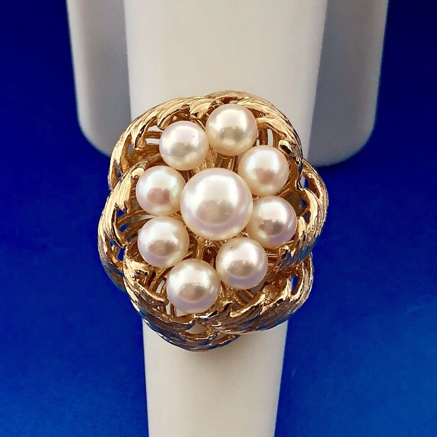 Vintage 14K Yellow Gold 9 Pearl Bird Nest Cluster Statement Cocktail Ring