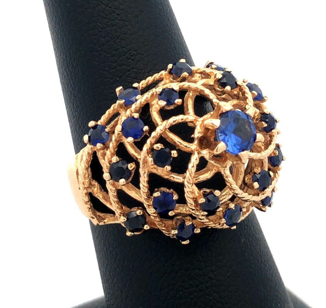 Estate 18K Yellow Gold Blue Sapphire Open Work Harem Cocktail Statement Ring