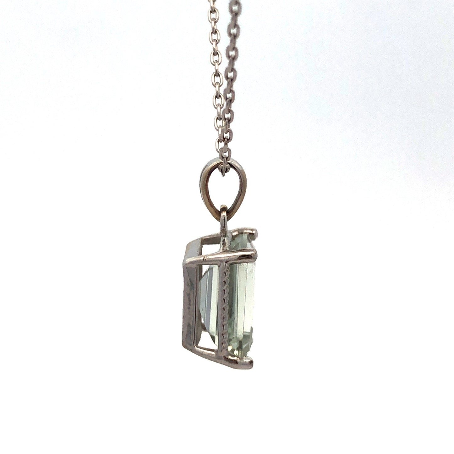14K White Gold Emerald Cut Green Topaz Solitaire Drop Pendant Necklace