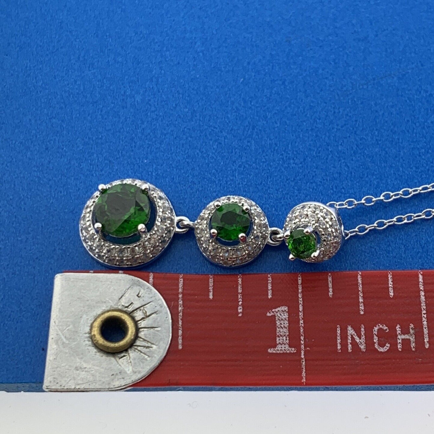 Sterling Silver 925 Round Cut Emerald Diamond Halo Triple Dangle 18" Necklace