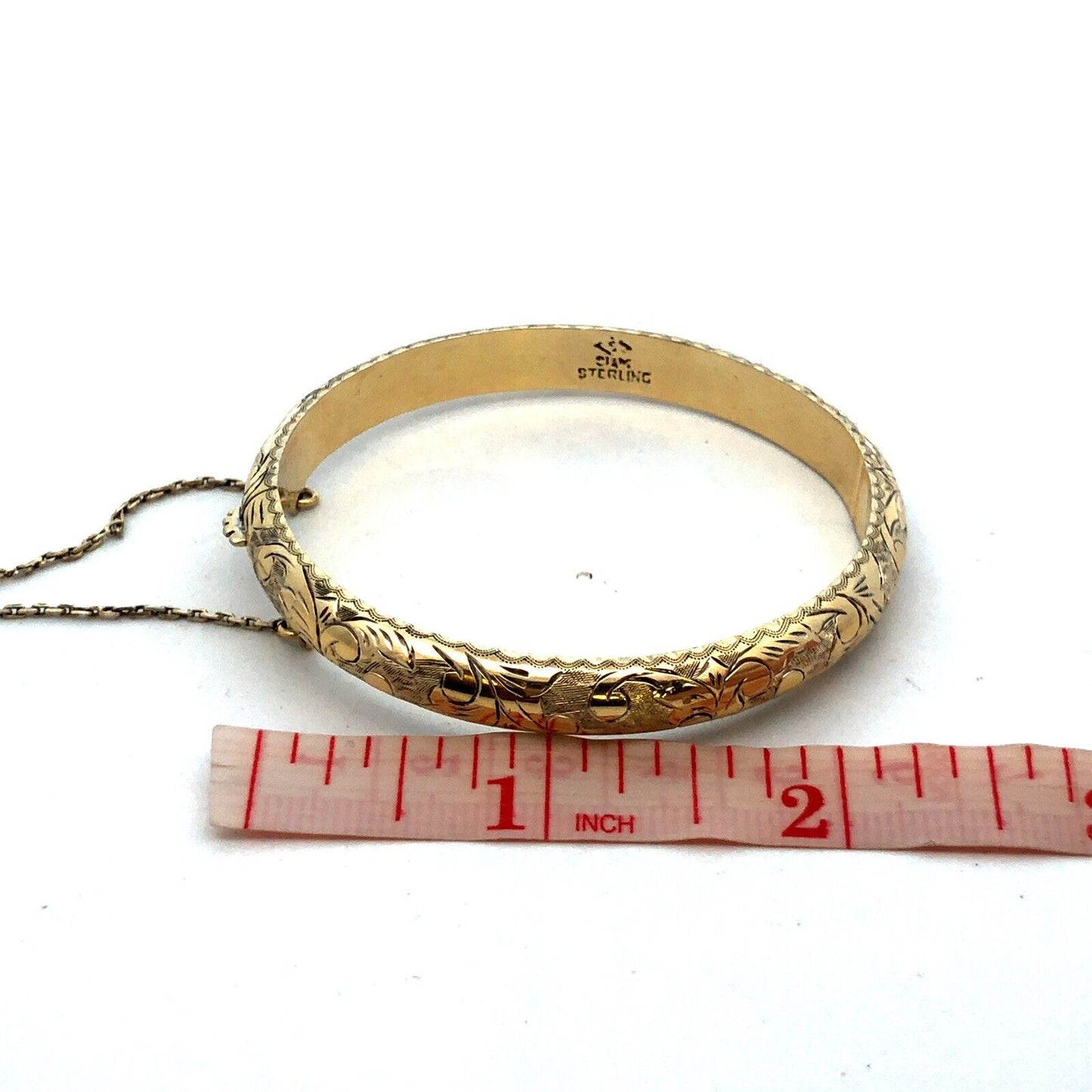 Art Nouveau Siam Sterling Silver Vermeil Etched Scroll Hinged Bangle Bracelet