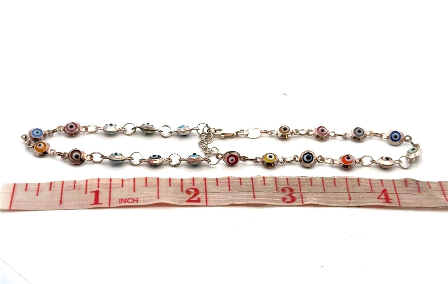 Estate 925 Sterling Silver Multicolor Evil Eye Bead Round Link 8.75" Bracelet