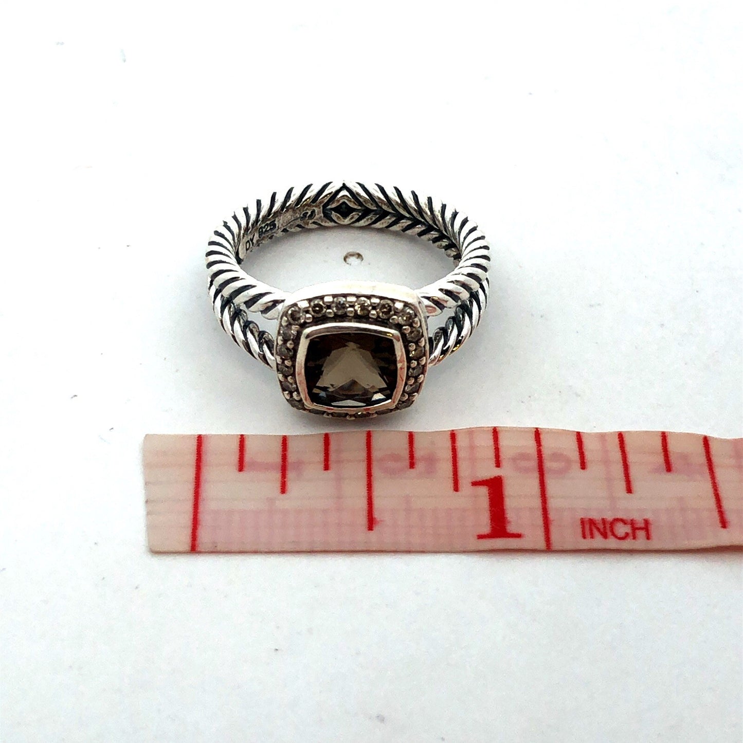 David Yurman 925 Sterling Silver Smoky Quartz Diamond Halo Petite Albion Ring