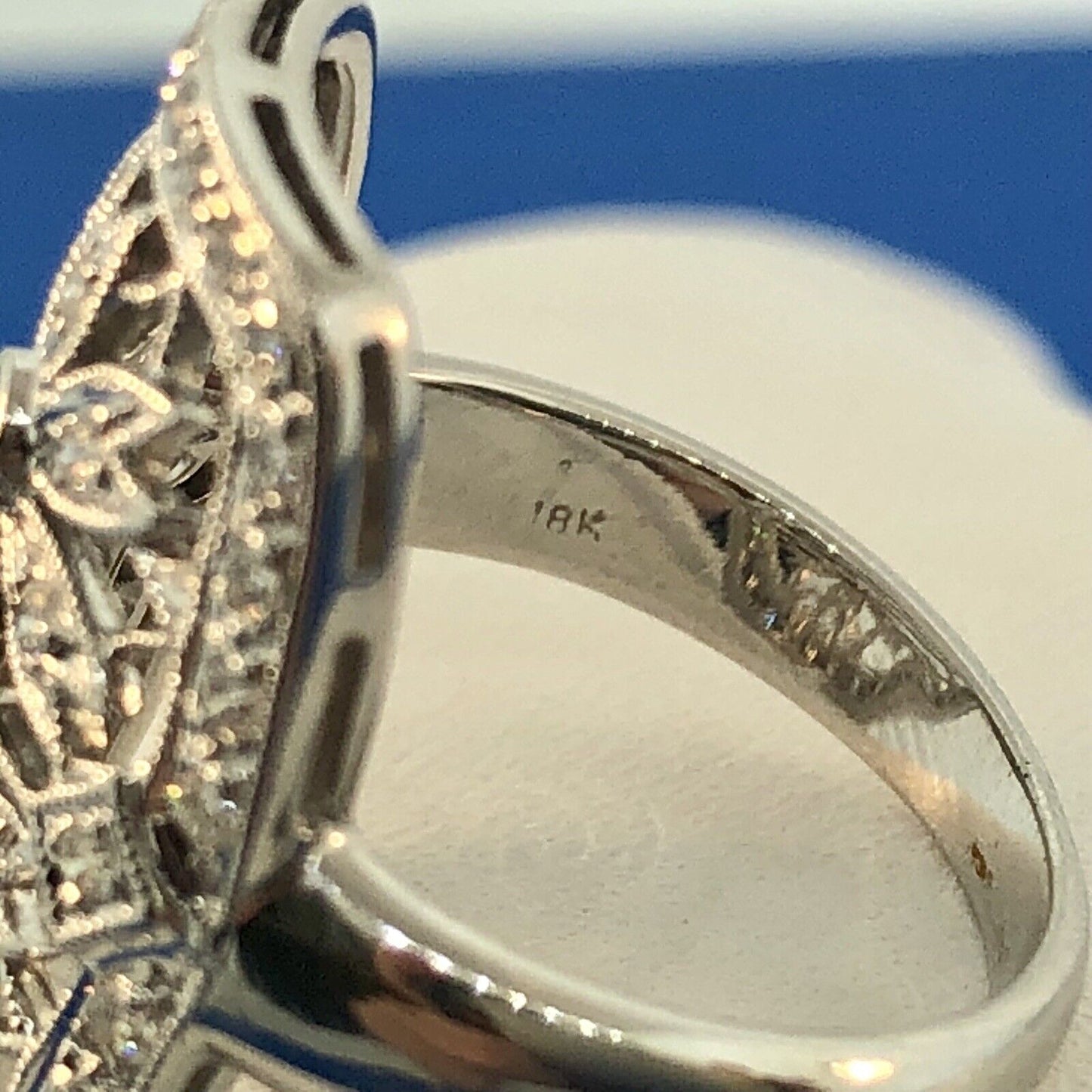Vintage 18K White Gold Diamond Floral Filigree Statement Finger Ring
