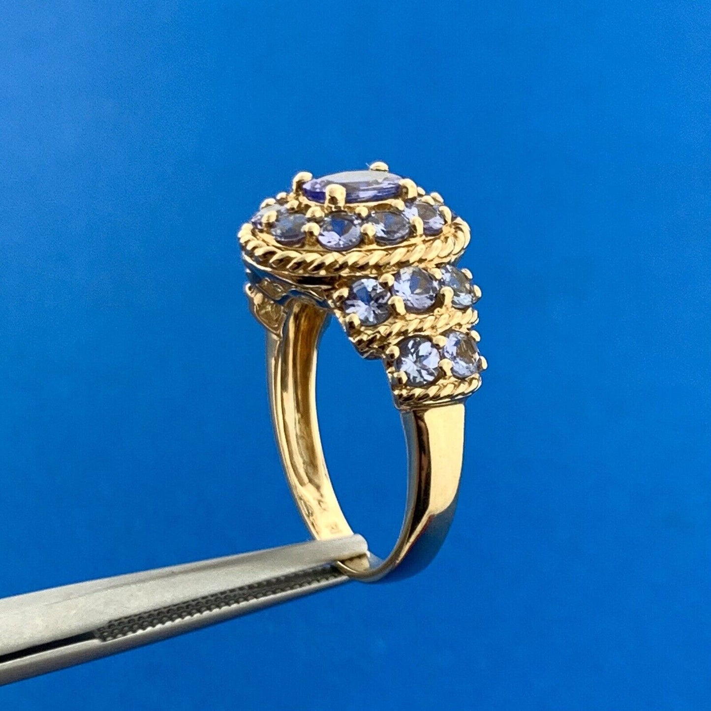 Designer 14K Yellow Gold Tanzanite Cluster December Anniversary Ring