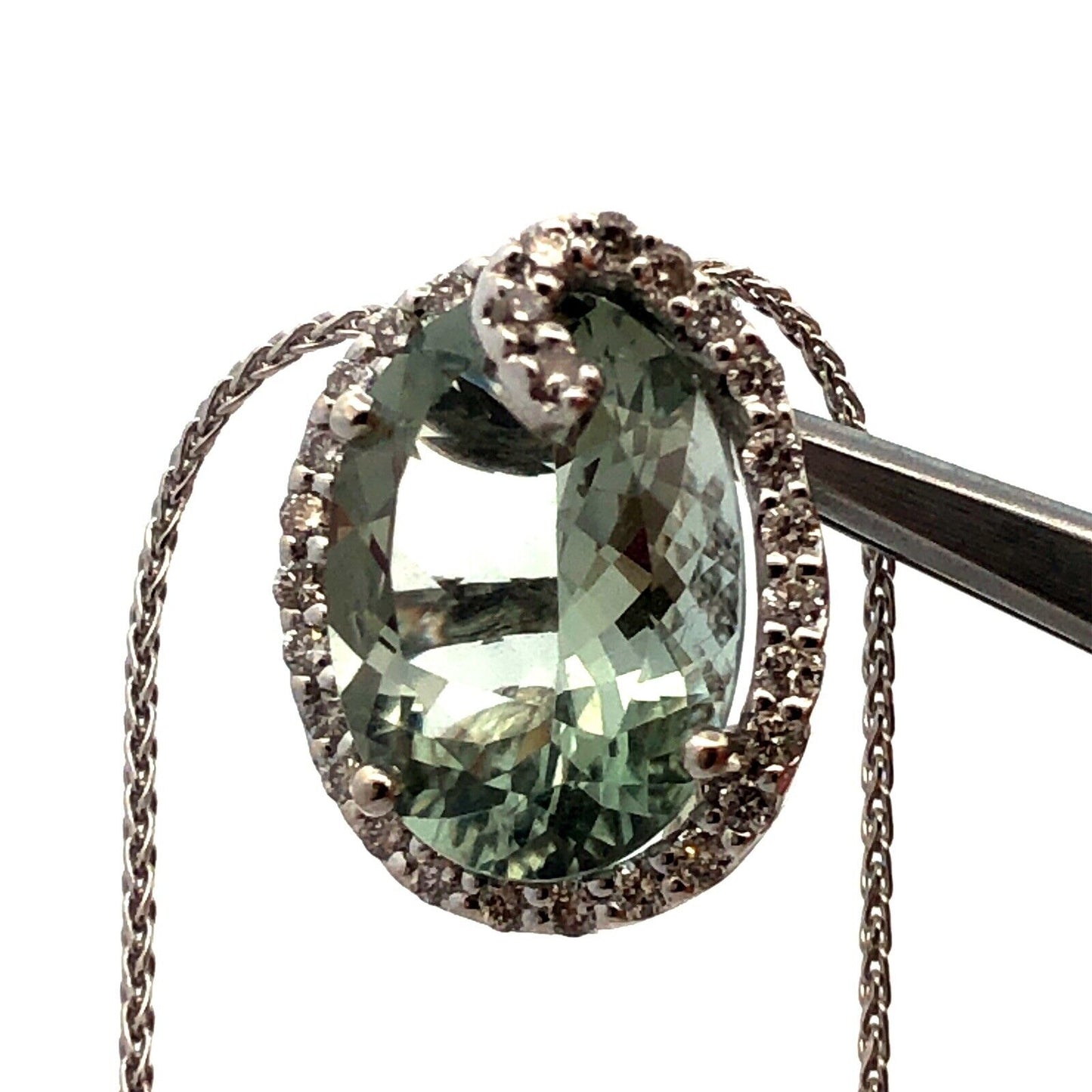Designer SG 14K White Gold Oval Green Amethyst Diamond Swirl Pendant Necklace