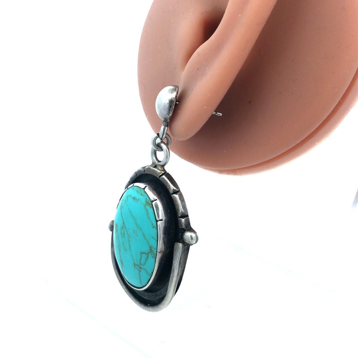 Modernist HOB Mexico 925 Sterling Silver Turquoise Statement Dangle Stud Ea