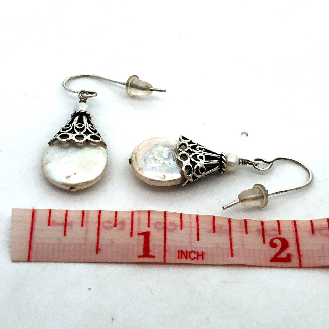 Designer 925 Sterling Silver Pearl Mother of Pearl Filigree Hook Dangle Earrings