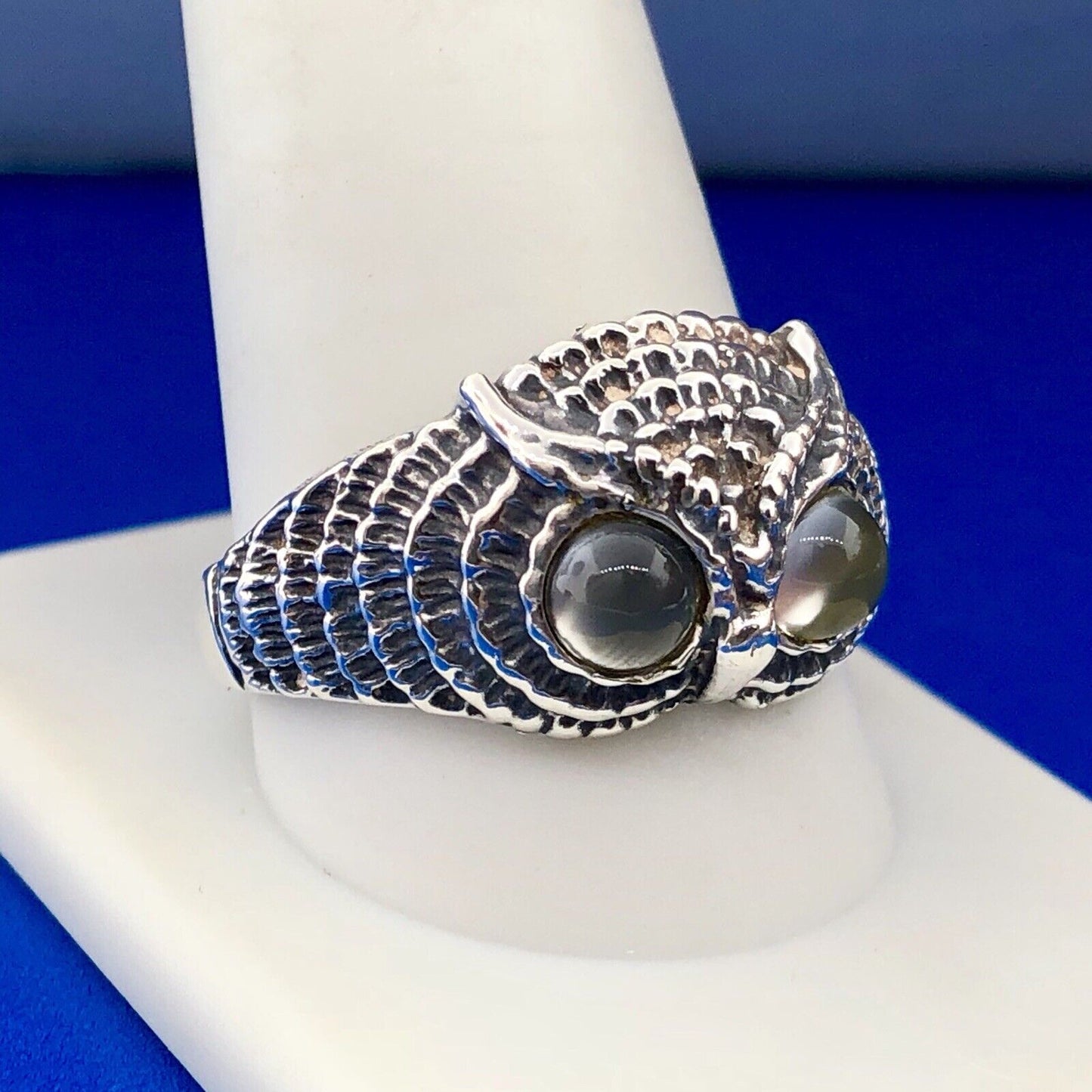 Artisan Sterling Silver Mens Moonstone Owl Textured Wisdom Prophecy Dome Ring