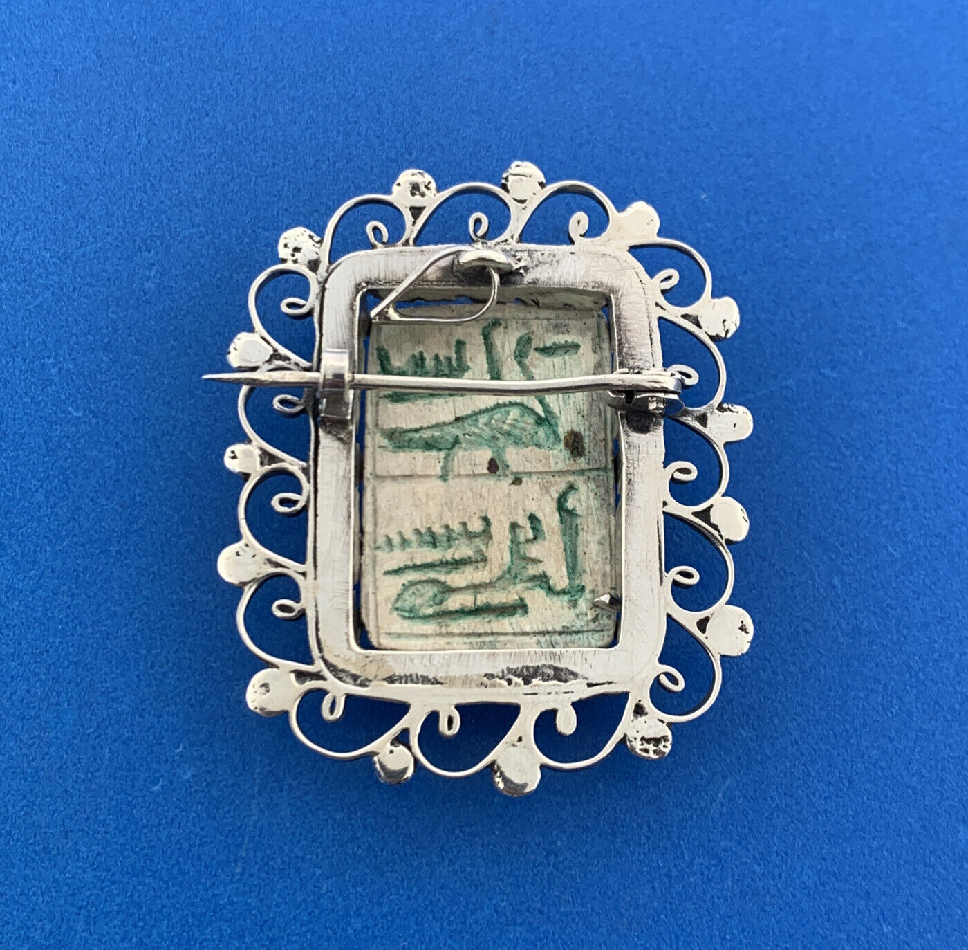Antique 925 Sterling Silver Carved Scrimshaw Rectangle Open Work Pendant Brooch