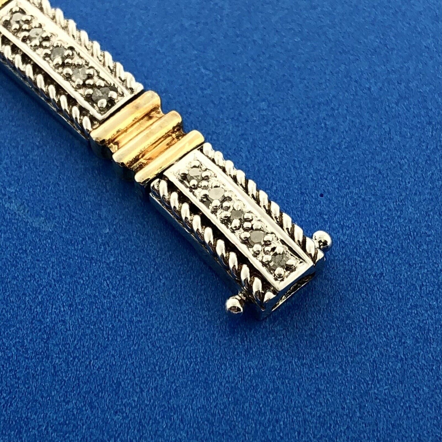 Estate CI 925 Sterling Silver Vermeil Two Tone Diamond Bar Panel Tennis Bracelet