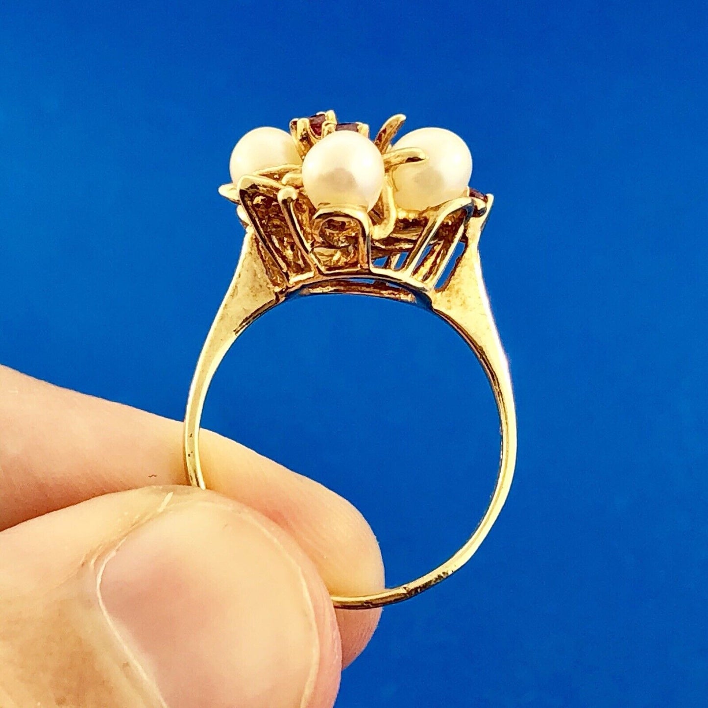 Vintage 14k Yellow Gold Ruby Pearl Cluster Modernist Free Form Cocktail Ring