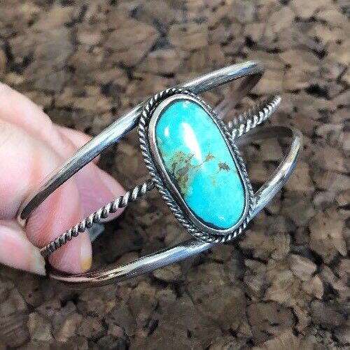 Native American Sterling Silver Oval Green Royston Turquoise Split Cuff Bracelet
