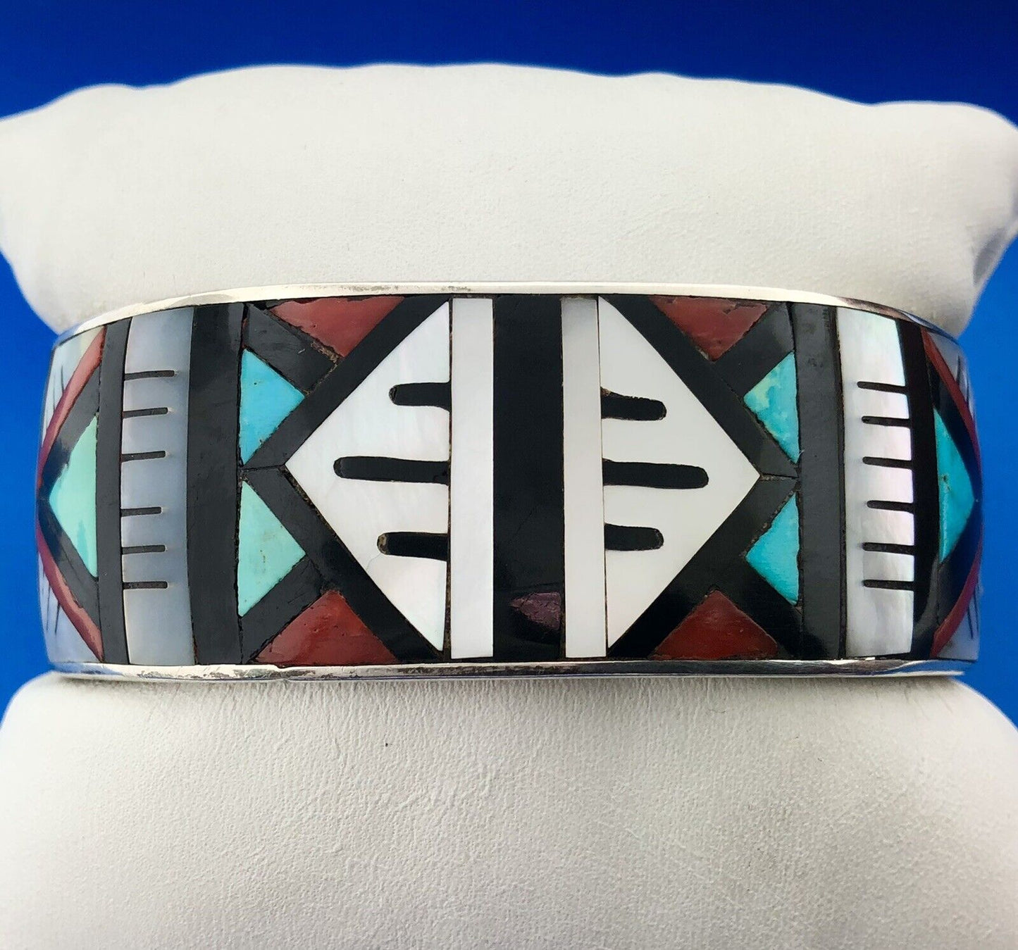 Native American Signed 925 Sterling Multi Stone Inlay Statement Cuff Bracelet