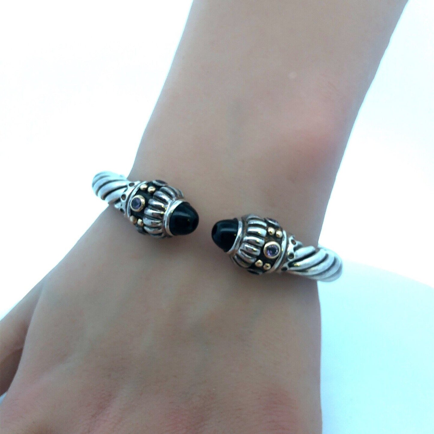 Designer 14K Gold 925 Sterling Silver Amethyst Black Onyx Cable Cuff Bracelet