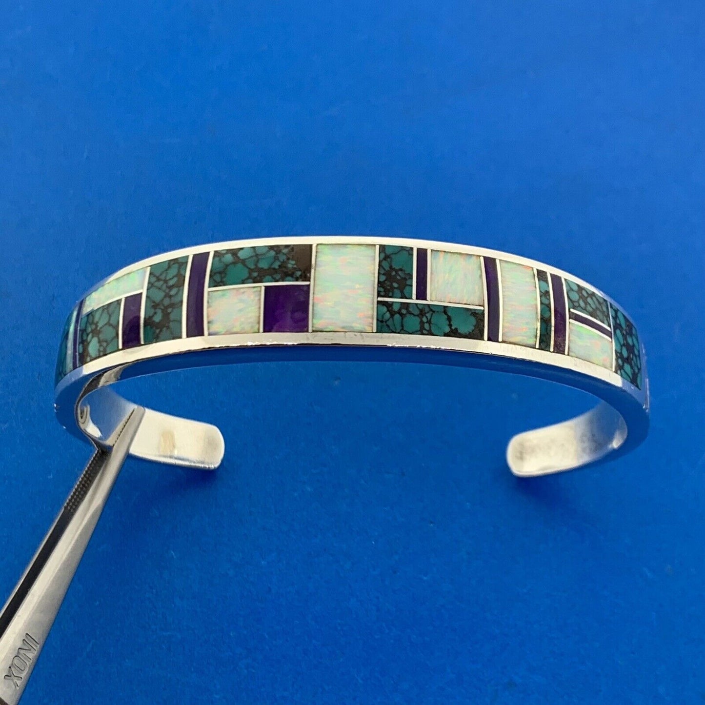 C Willie/D Rosales Sterling Silver Opal Spiderweb Turquoise Amethyst Inlay Cuff