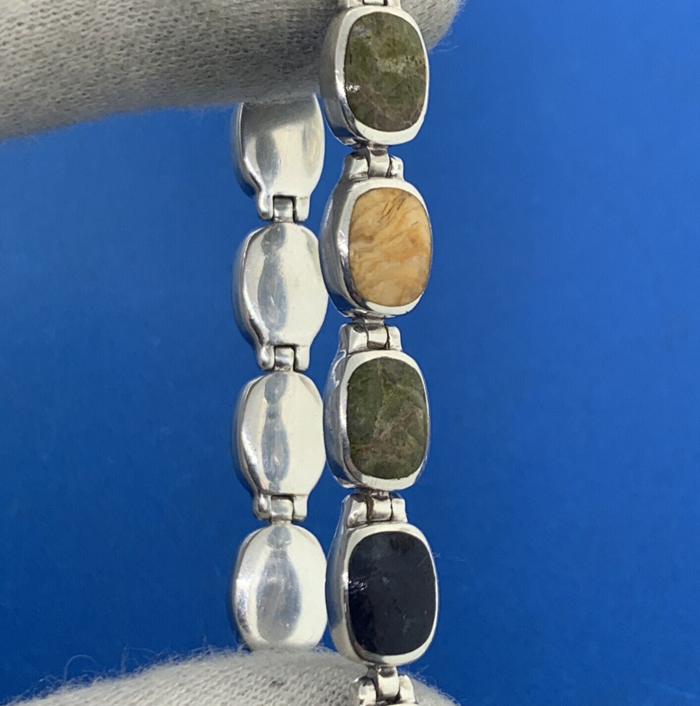 Native American Artisan Sterling Silver 925 Multi Stone Oval Cabochon Bracelet