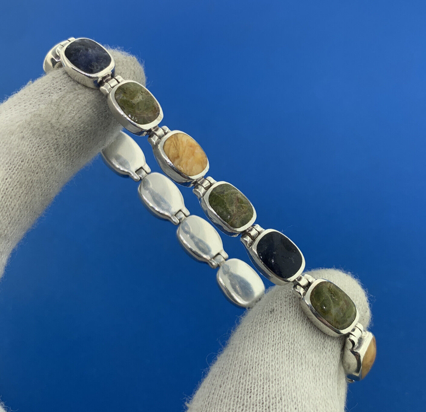 Native American Artisan Sterling Silver 925 Multi Stone Oval Cabochon Bracelet
