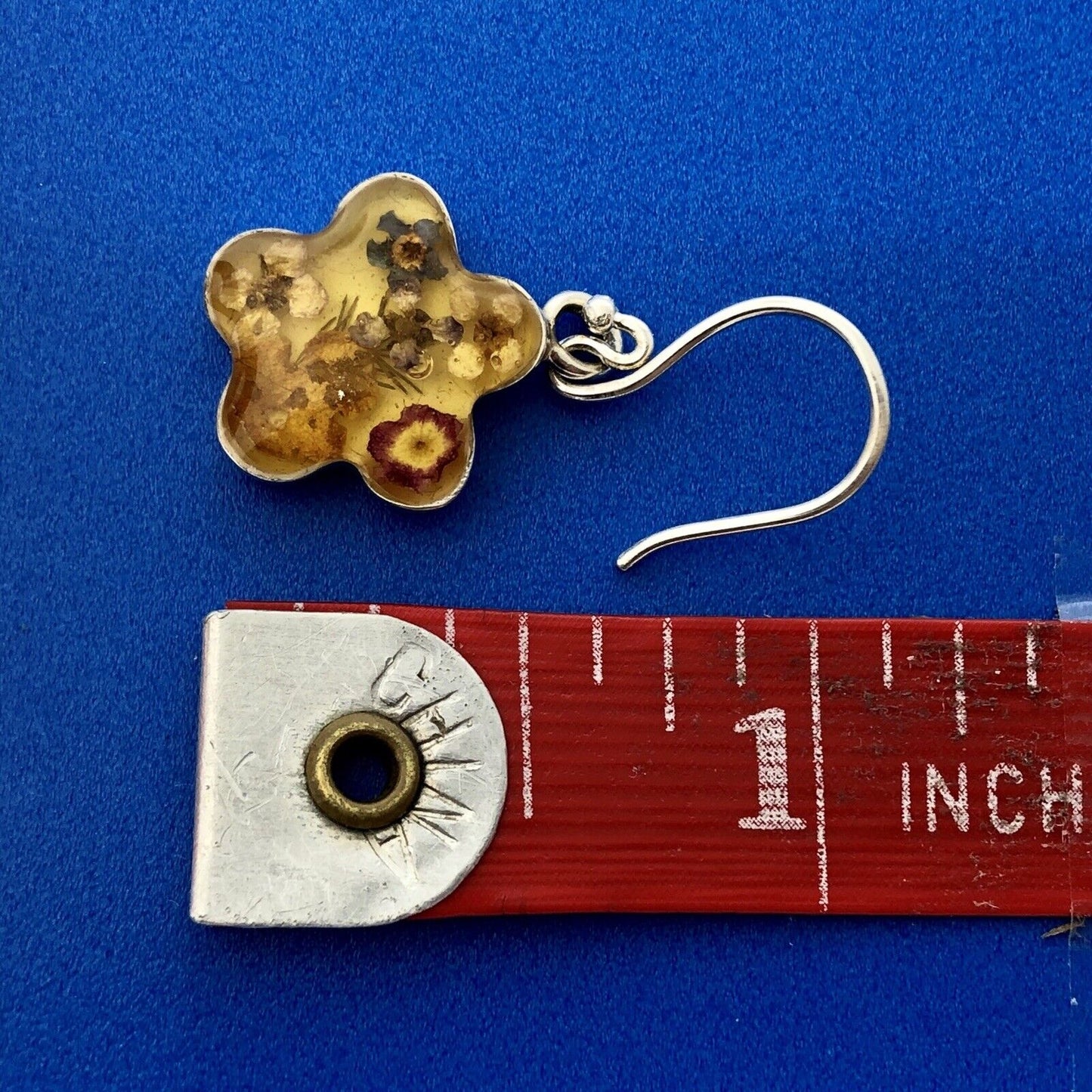 Designer ATI Mexico Sterling Silver 925 Amber Fossil Floral Drop Earrings