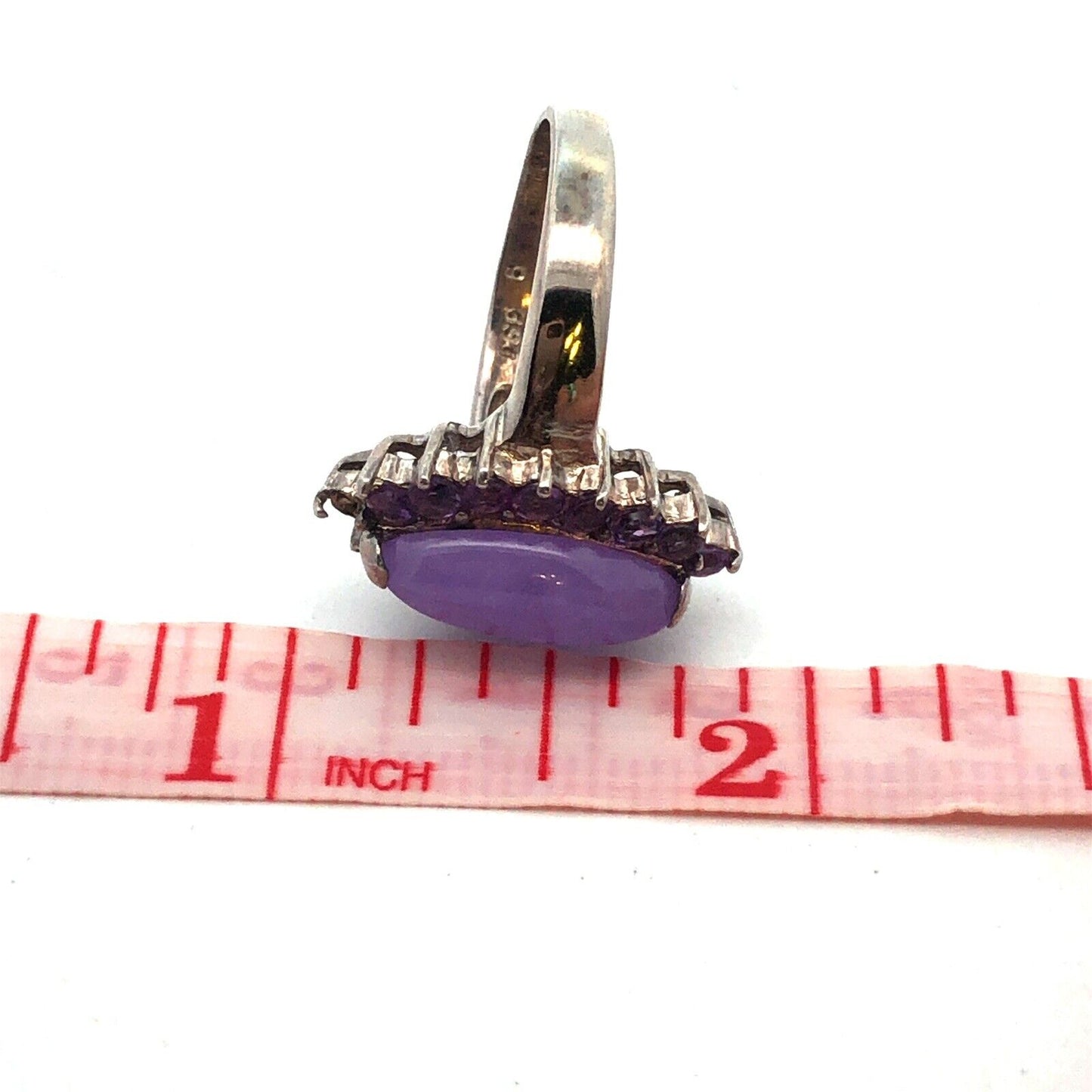 Vintage GSJ 925 Sterling Silver Marquise Purple Jade Amethyst Halo Cocktail Ring