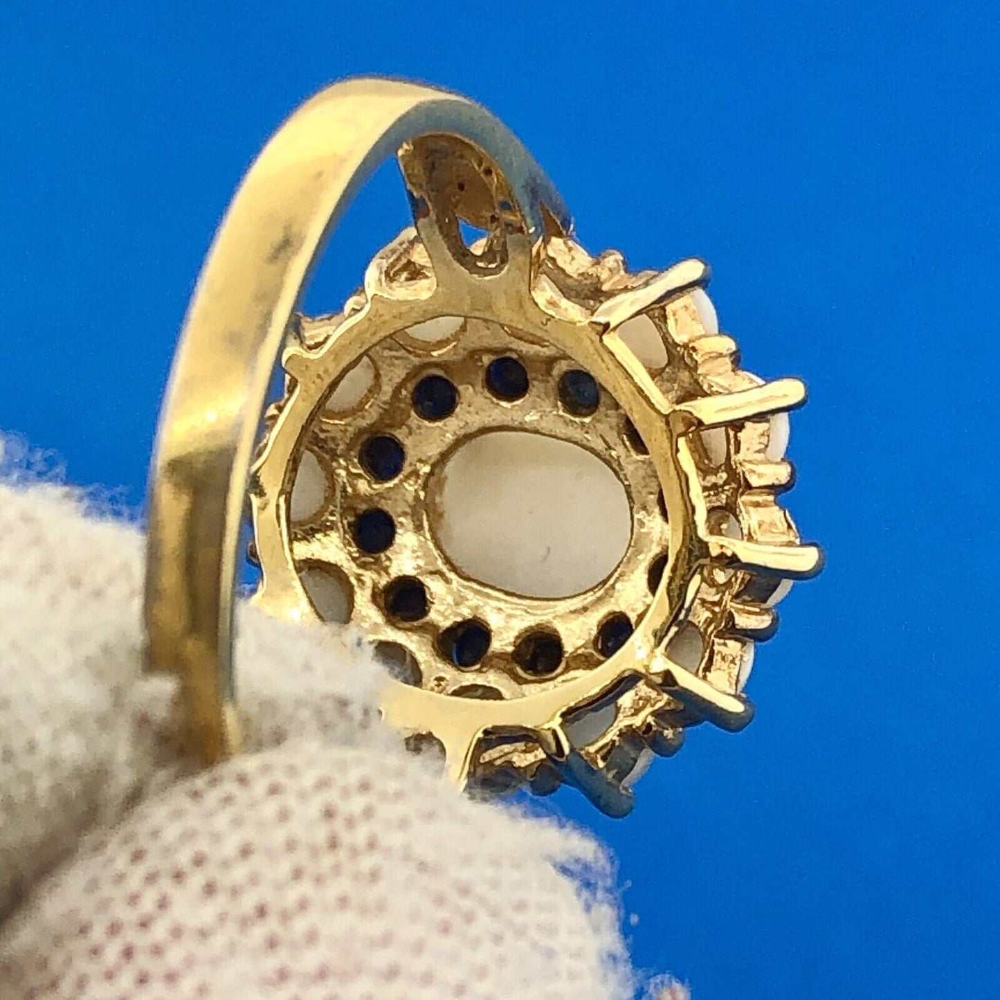 Designer 925 Sterling Silver Vermeil Opal Sapphire Halo Gold Toned Cocktail Ring