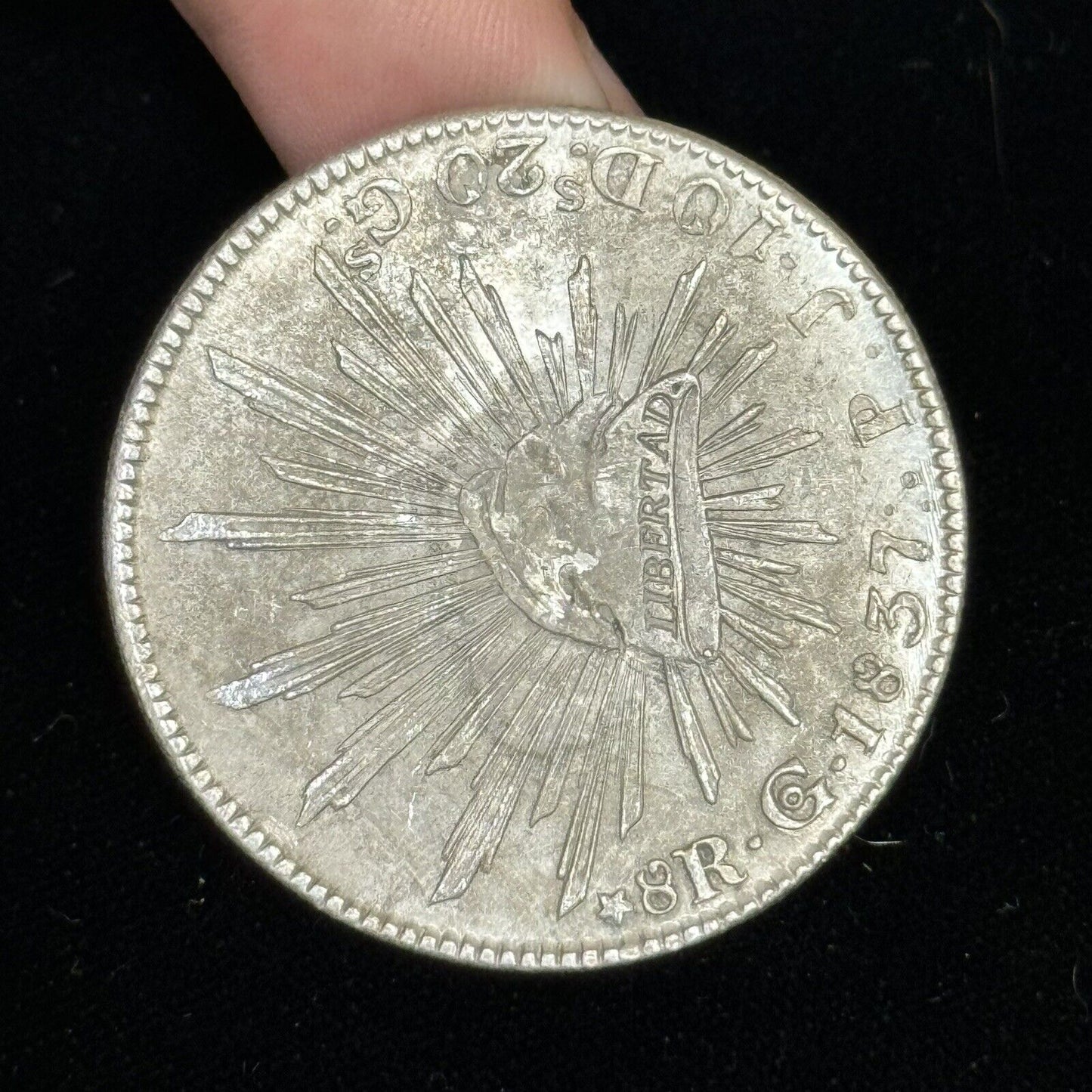 1837 Go Guanajuato Mexico 8 Reales P.J. Cap & Rays Libertad .903 Silver Coin