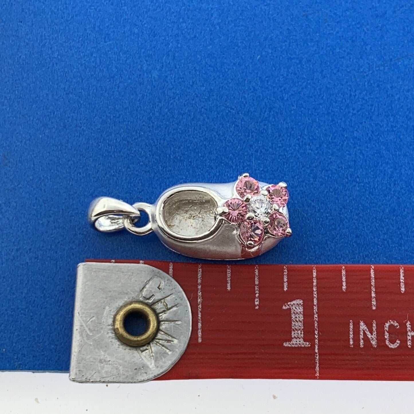 Silver Toned Round Pink White Sparkling CZ Child's Floral Shoe Dangle Pendant