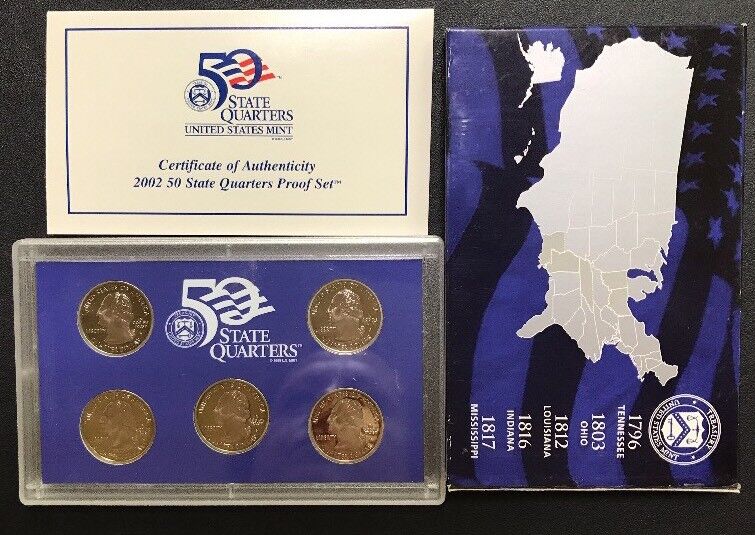 2002 S United States Mint Proof State Quarters Set 5 Coin Set w/ Box/COA