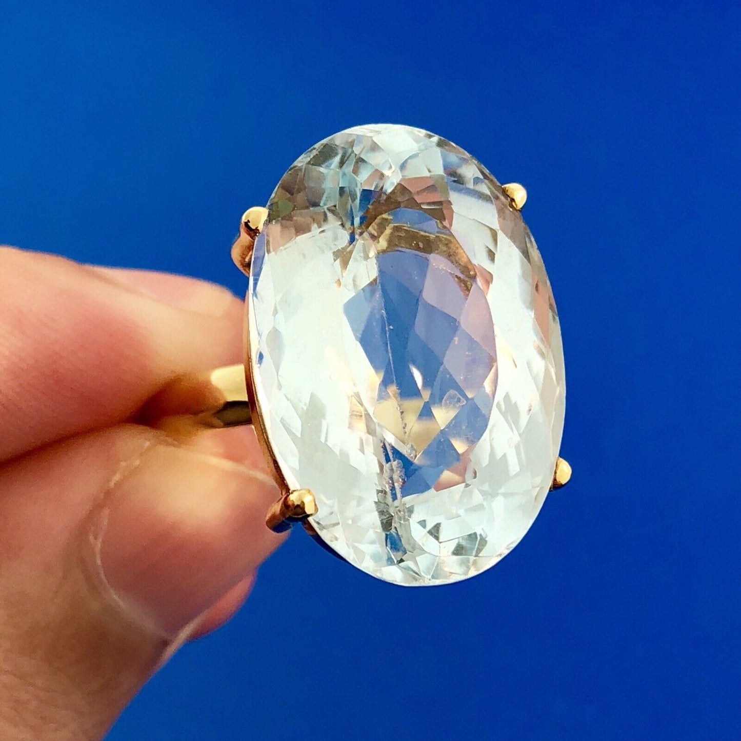Stunning 14K Yellow Gold Oval Solitaire Blue Topaz Statement Cocktail Ring