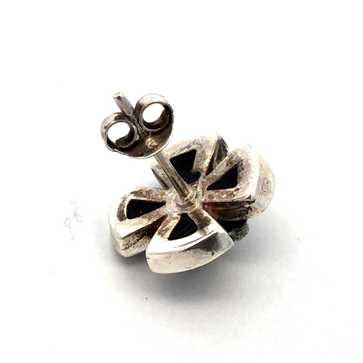 Estate Sterling Silver Black Onyx Inlay Marcasite 4 Leaf Clover Stud Earrings