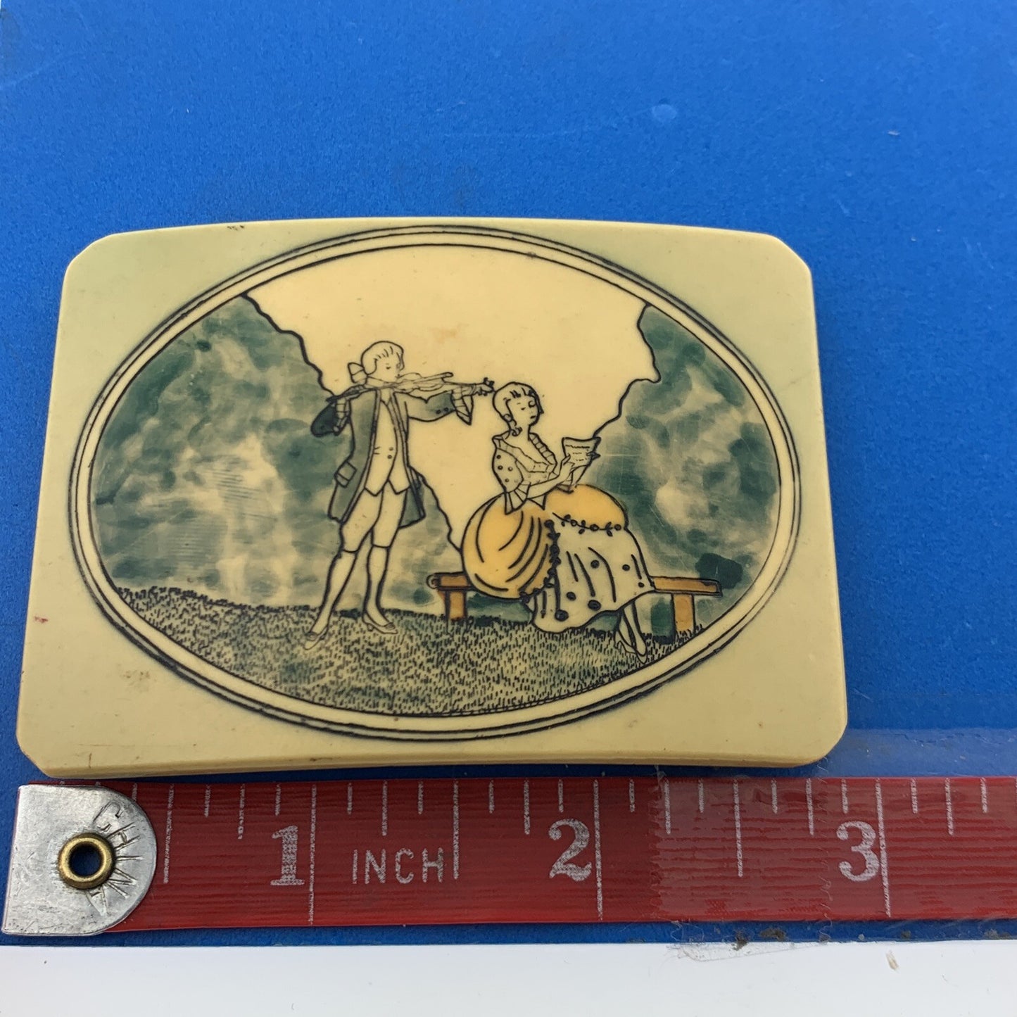 1930s France Celluloid Bakelite Painted Etched Courting Couple Belt Buckle