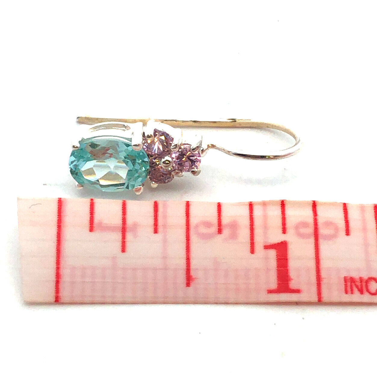 Designer HAN 925 Sterling Silver Oval Aquamarine Pink CZ Dangle Hook Earrings