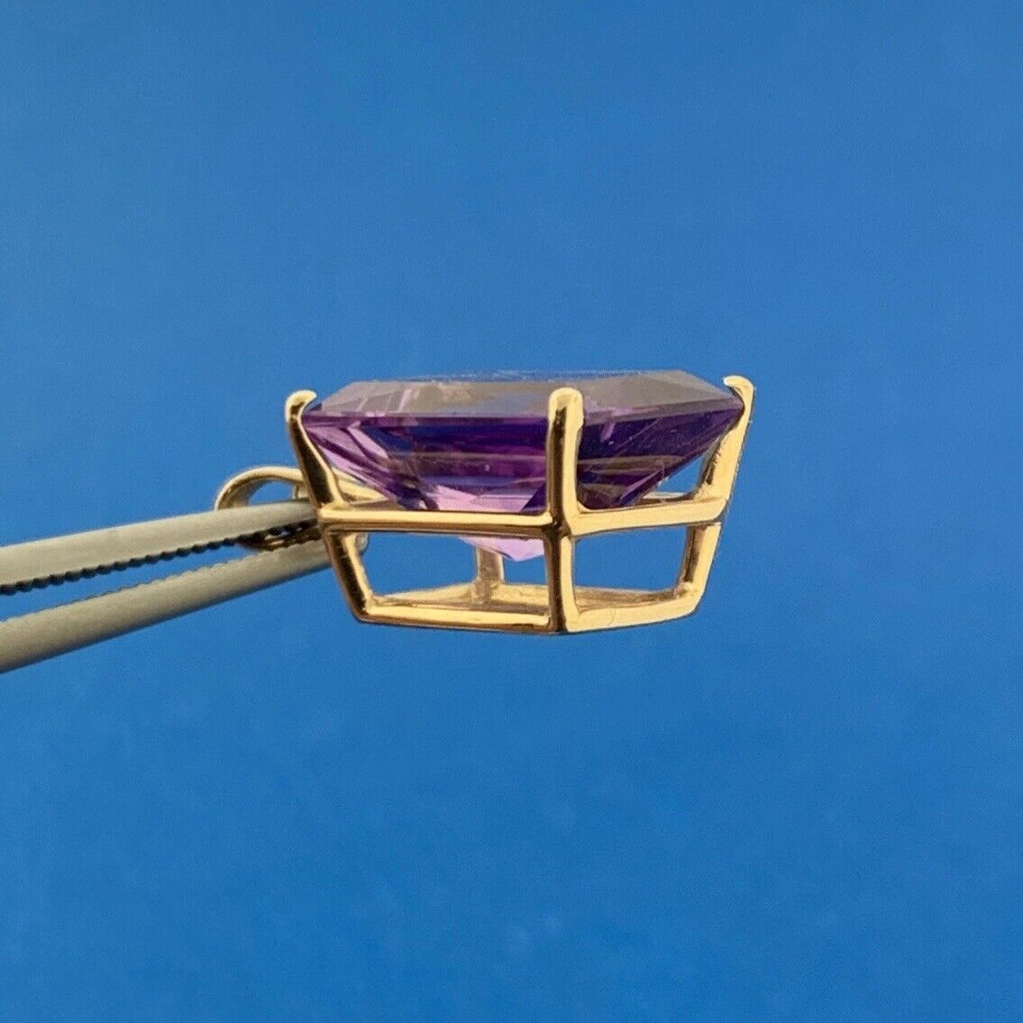 Designer 14K Yellow Gold Rectangle Amethyst February Birthday Occasion Pendant