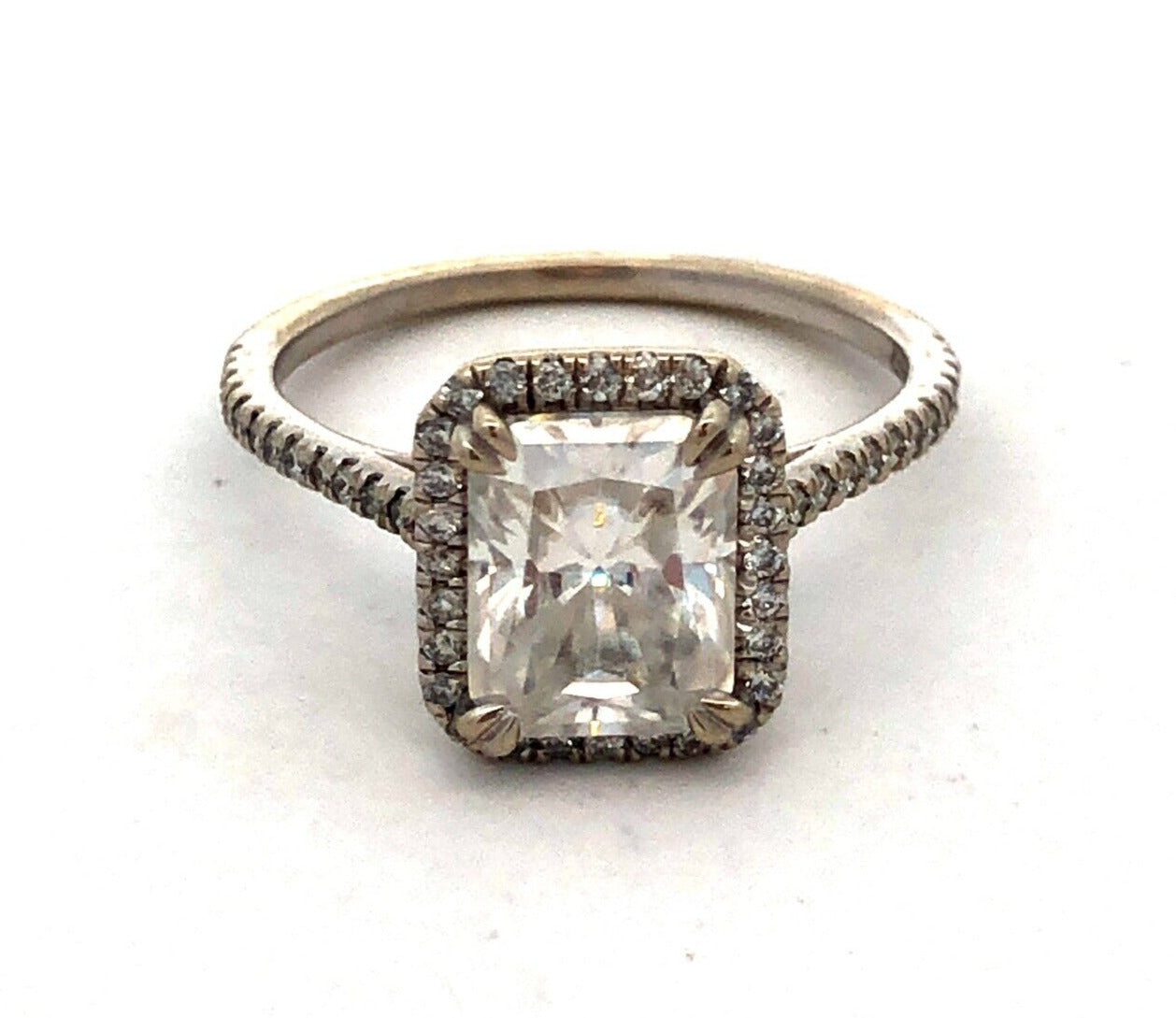 Designer 14K White Gold Emerald Cut Moissanite Halo Engagement Ring