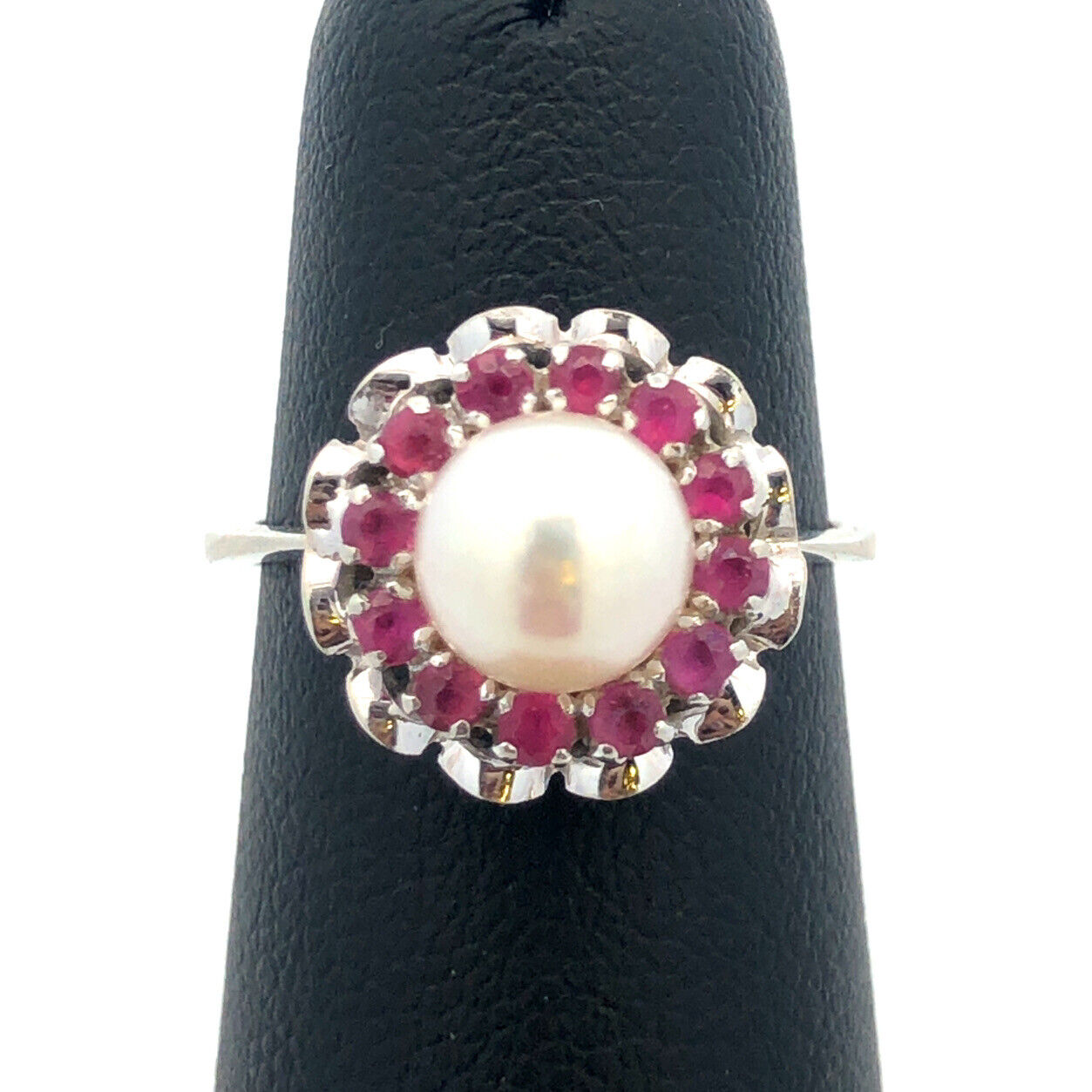 Gorgeous 14k White Gold Floral Round Cut Ruby Halo Pearl Ring SIze 4.25