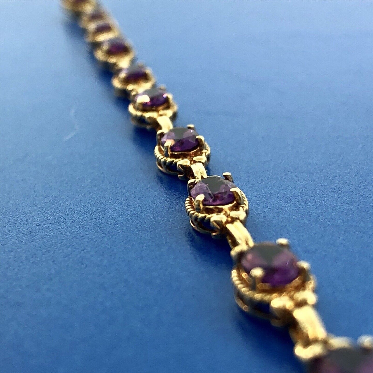 Vintage 10K Yellow Gold Oval Amethyst Panel February Anniversary Tennis Bracelet