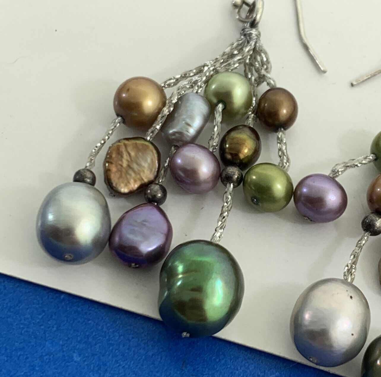 Estate 925 Sterling Silver Green Purple Gold Silver Pearl Hook Dangle Earrings