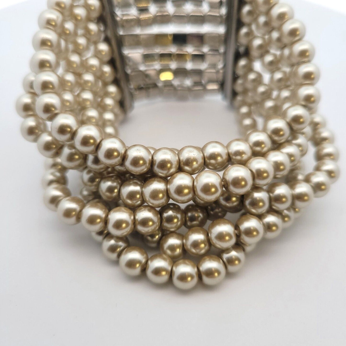 Vintage Runway Couture Silver Tone Faux Pearl Rhinestone Statement Cuff Bracelet