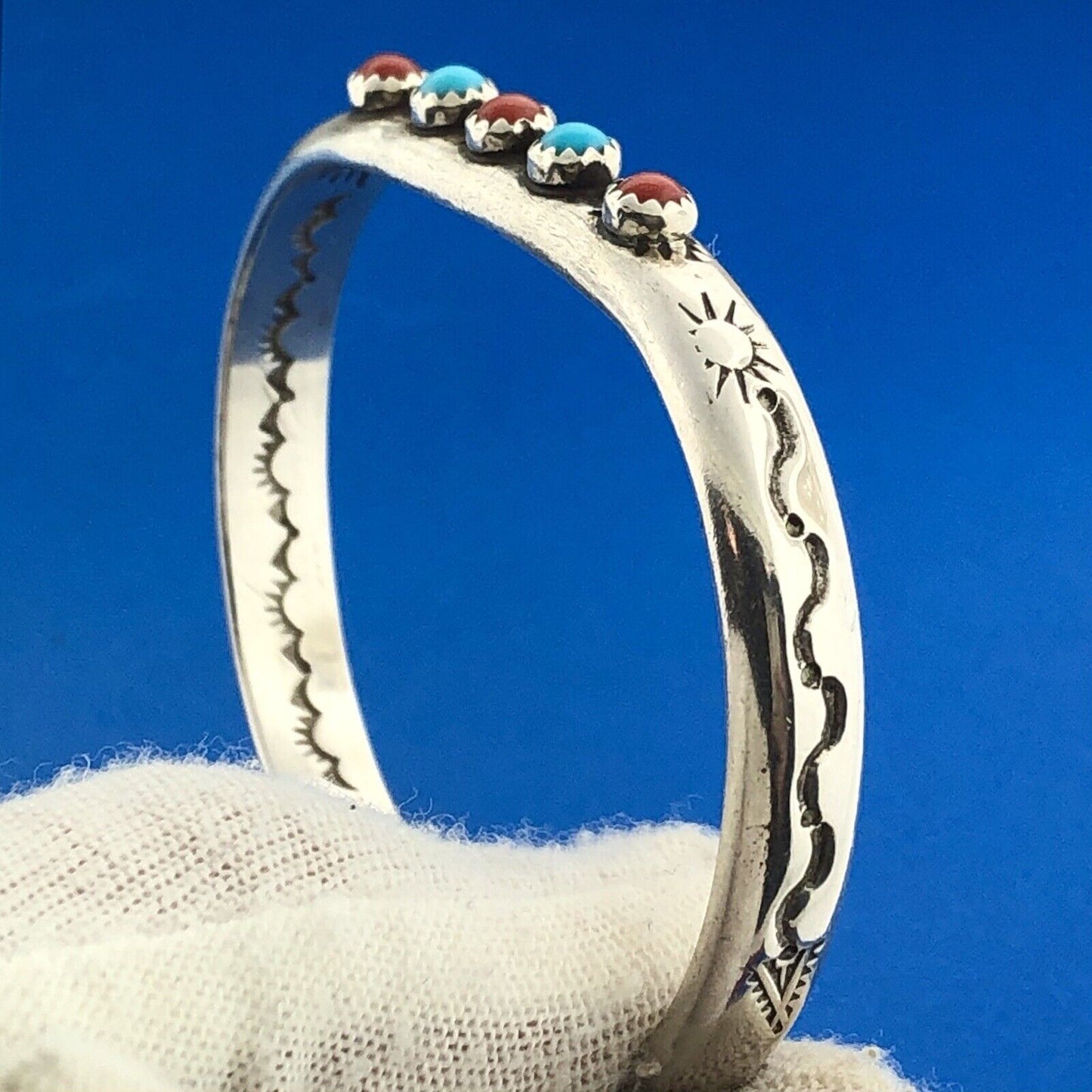 LAG-ZUNI JP Artisan Sterling Turquoise Coral Petite Storyteller Cuff Bracelet