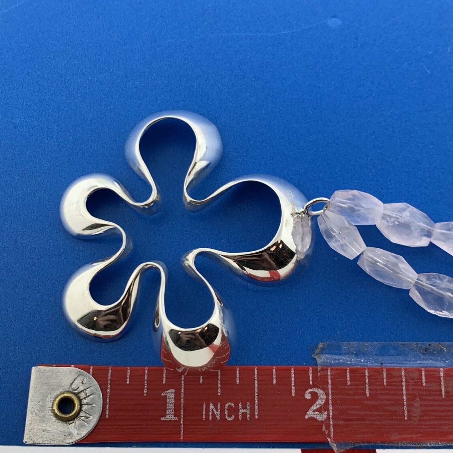 Designer Modernist Sterling Silver Rose Quartz Abstract Flower Pendant Necklace