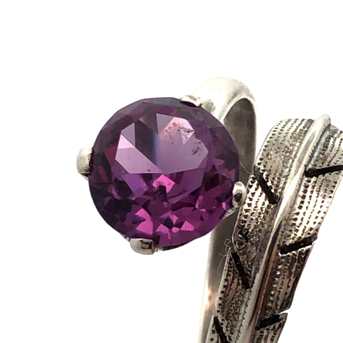Vintage FS Mexico 925 Sterling Silver Round Purple Sapphire Feather Bypass Ring