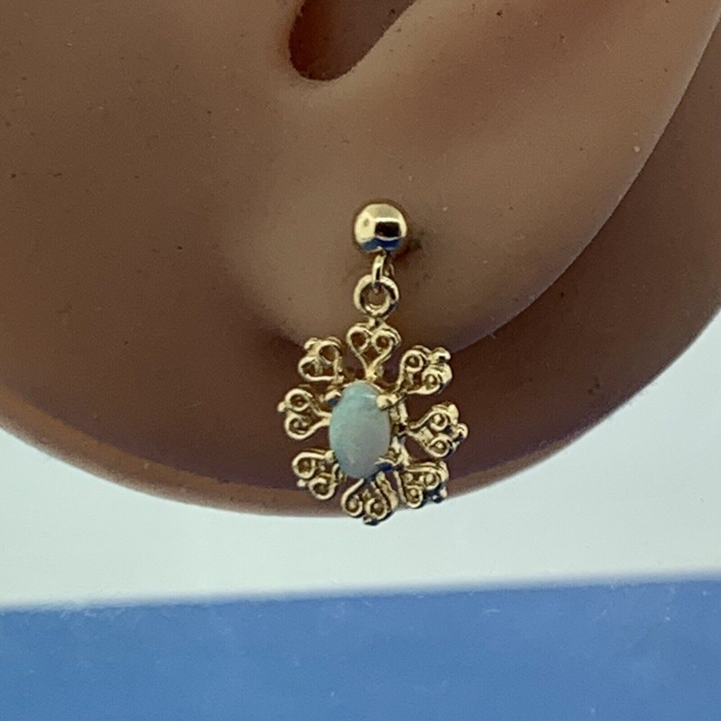 Designer 14K Yellow Gold Oval Opal Filigree Snowflake Dangle Stud Earrings
