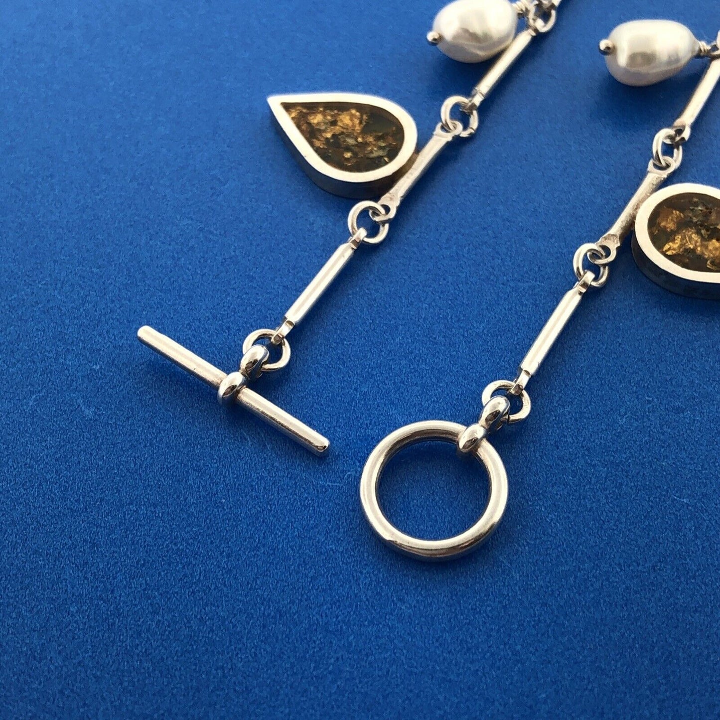 Custom 925 Sterling Silver Pearl Gold Flake Statement Toggle Necklace