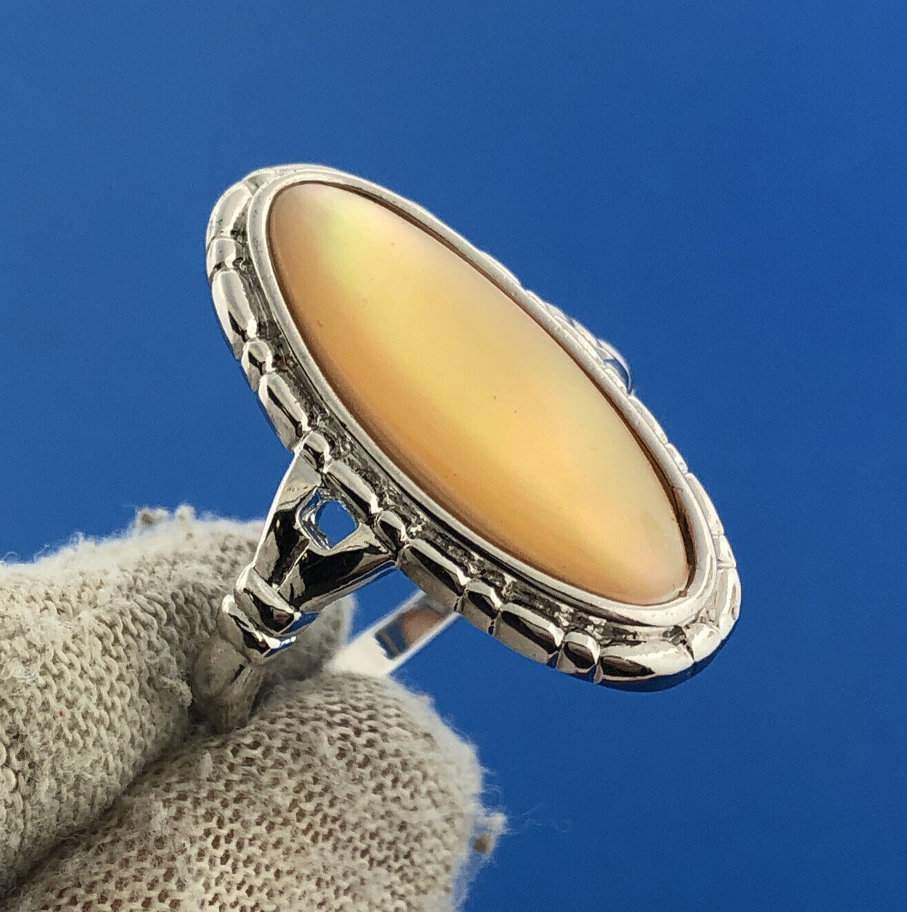 Designer Sterling Silver 925 Yellow Mother Of Pearl Statement Cocktail Ring