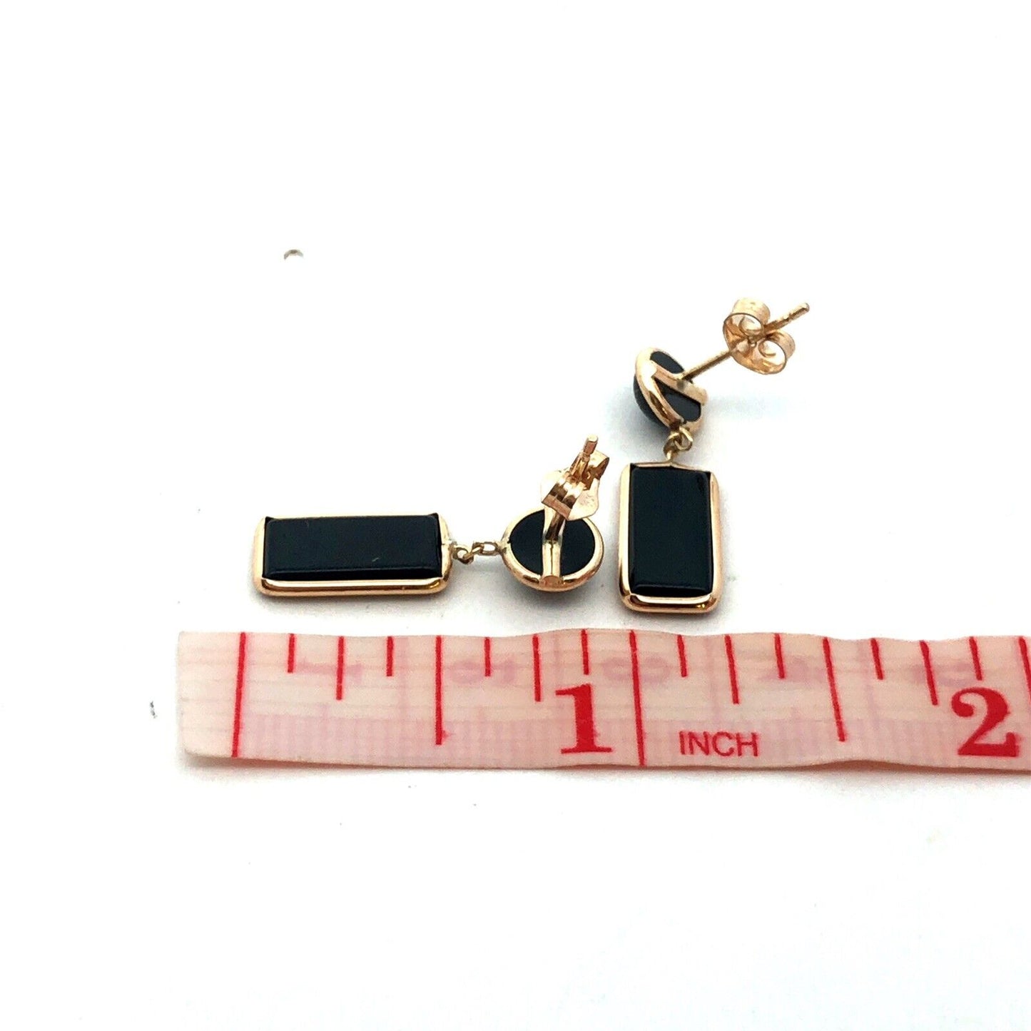 14K Yellow Gold Designer Round Rectangle Black Onyx Dangle Stud Earrings