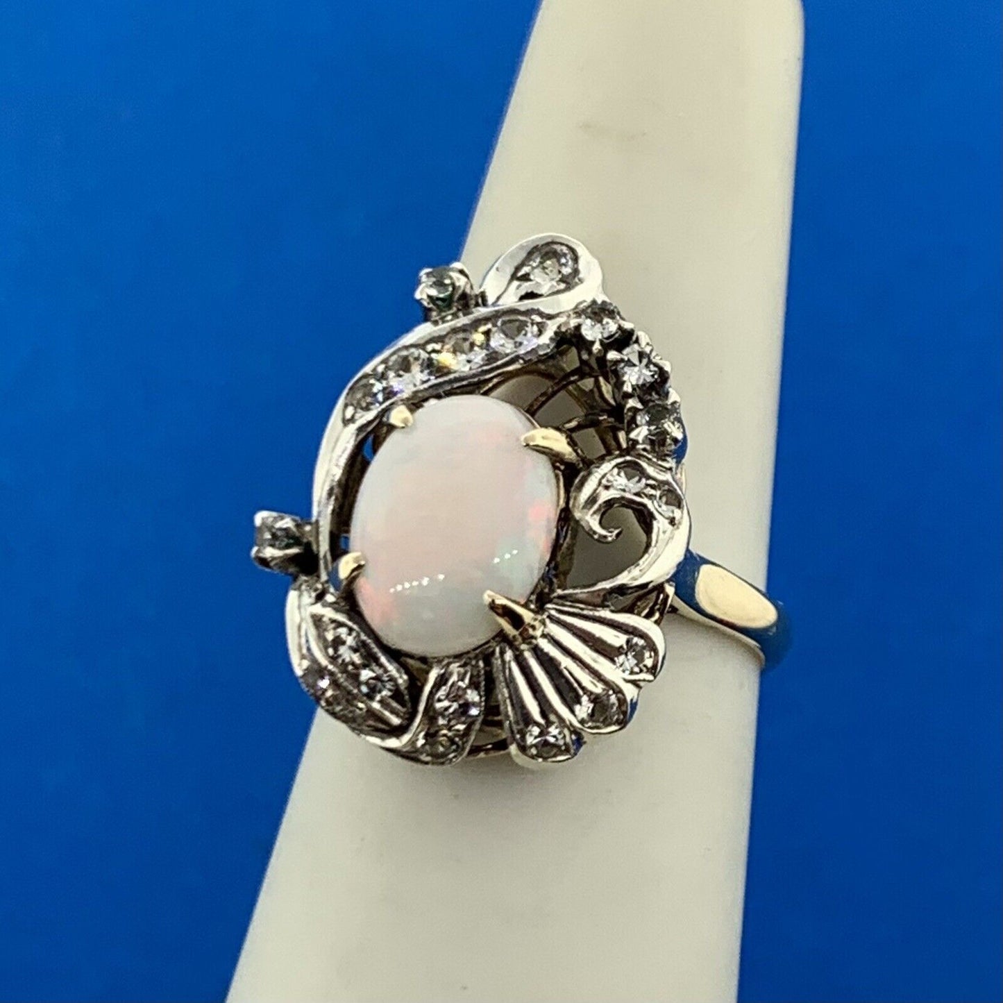 Vintage 10K Yellow Gold 925 Sterling Silver Opal White Amethyst Ring