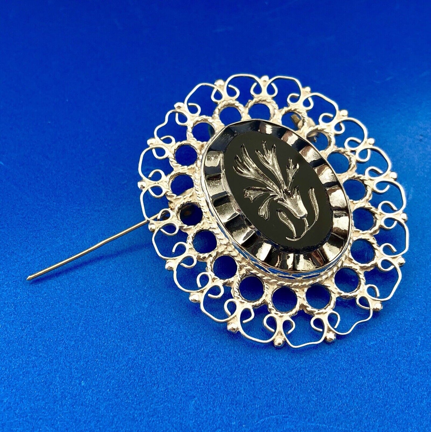 Plata De Jalisco Mexico Sterling Silver Black Intaglio Glass Pin Brooch Pendant