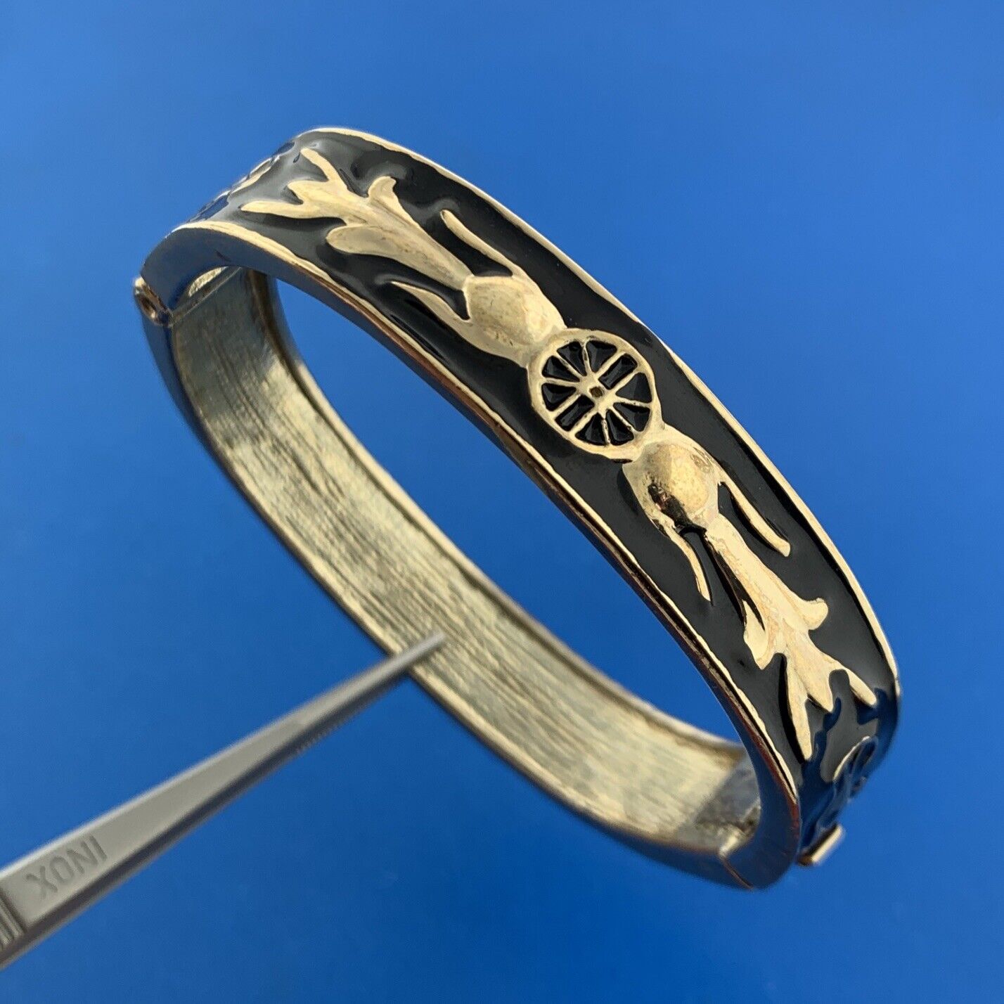 1980's Fabulous Gold Tone Black Gold Enamel Hinged Statement Cuff Bracelet
