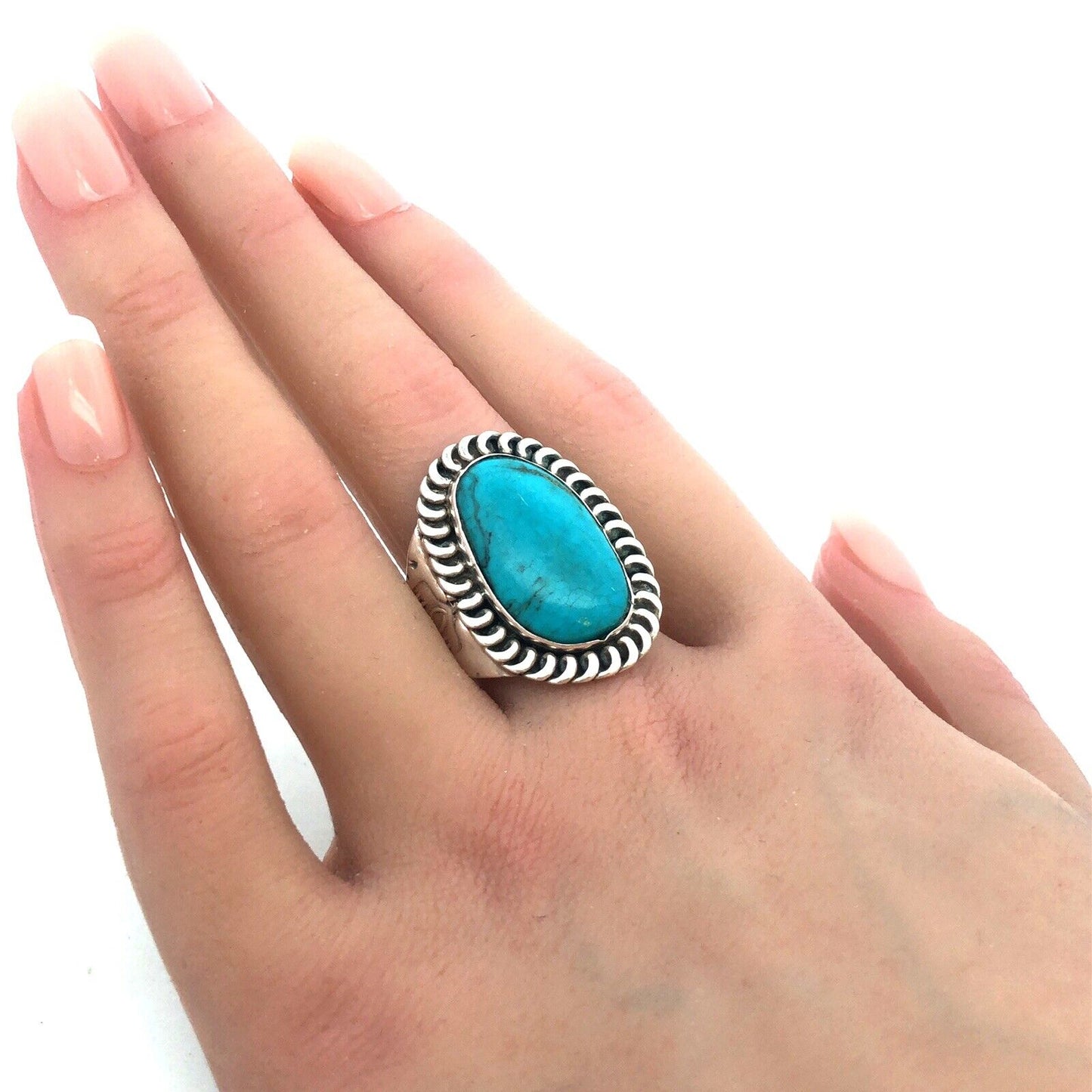 Native American Concho 925 Sterling Silver Oval Turquoise Storyteller Ring