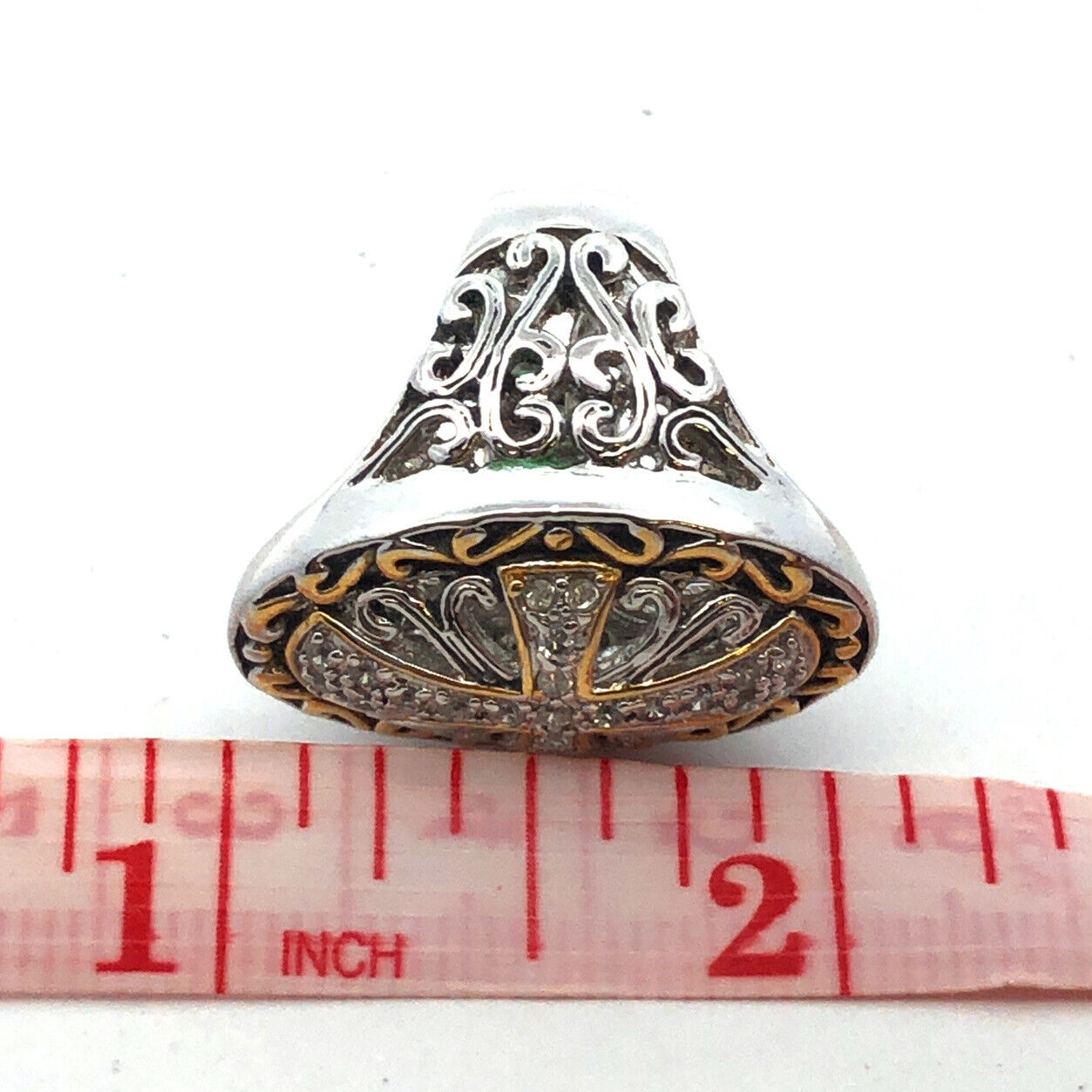 Designer 925 Sterling Silver Gold Tone Accents CZ Open Work Cross Statement Ring